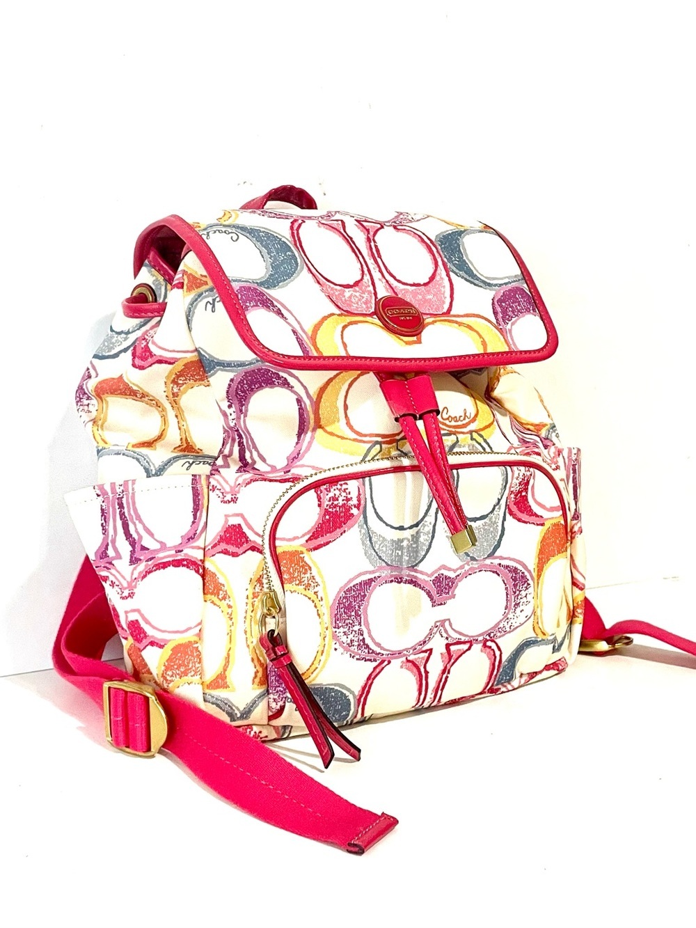 COACH F21962 Backpack Signature Canvas Multi Color Pink Enamel Clean